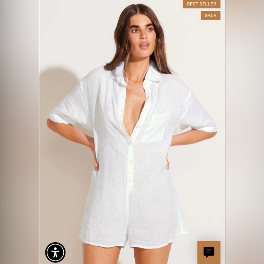 Vitamin A White‎ Linen Playa Romper ☁️ Button Down Shirt Jumpsuit Cover Up Sz M